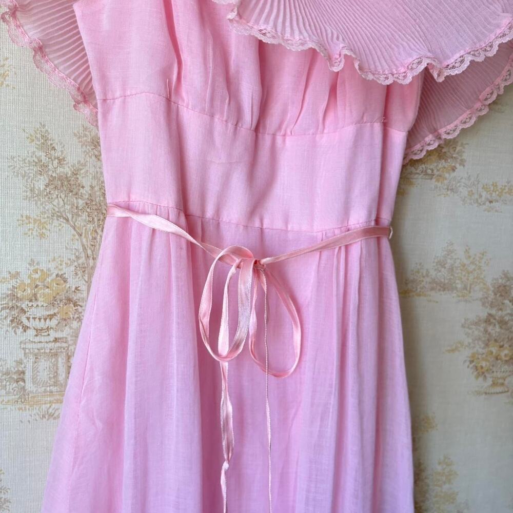 Vintage 70s Sears Pink Prairie Dress Womens XS Pleated Ruffle Coquette Romantic - Picture 7 of 8